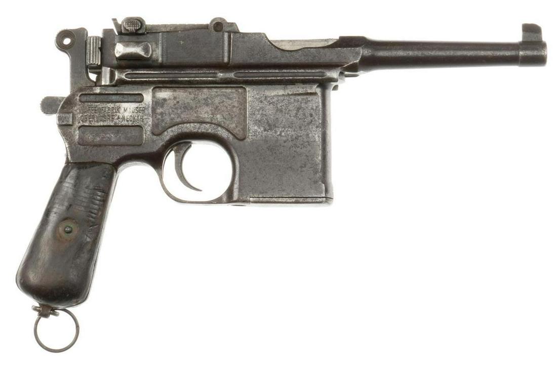 Mauser C96 Late Post-War Bolo 7.63M Semi-Auto Pistol: Serial: 575896 Manufacturer: Waffenfabrik Mauser Oberndorf A.Neckar Model: Late Post-War Bolo C96 "Broom handle" Caliber: 7.63 Mauser Barrel length: 3.9 in. OAL: 10 in. Condition: Poor; wood g