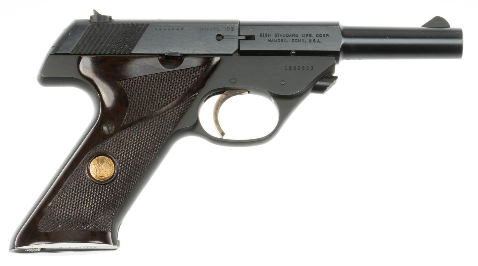 High Standard M 103 Sport King .22 LR Pistol: Serial: 1289633 Manufacturer: High Standard Model: Supermatic Trophy Caliber: .22 LR Barrel length: 4.5 in. OAL: 9.5 in. Condition: Very Good; Bakelite grips have almost no handling marks; barrel &