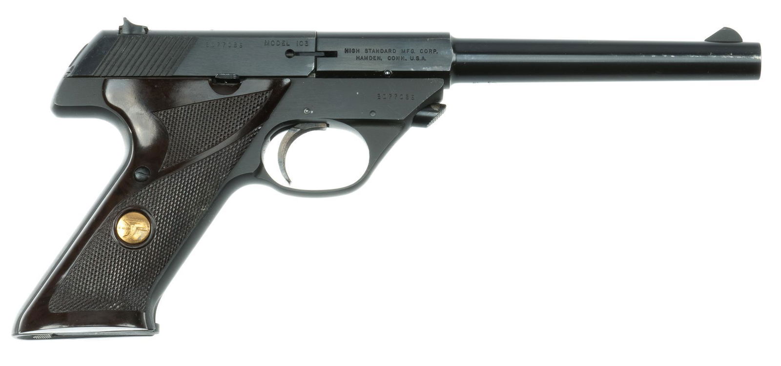 High Standard M 103 Sport King .22 LR Pistol: Serial: 2077058 Manufacturer: High Standard Model: M 103 Sport King Caliber: .22 LR Barrel length: 6.75 in. OAL: 11.5 in. Condition: Very Good; Bakelite grips have almost no handling marks; barrel &am
