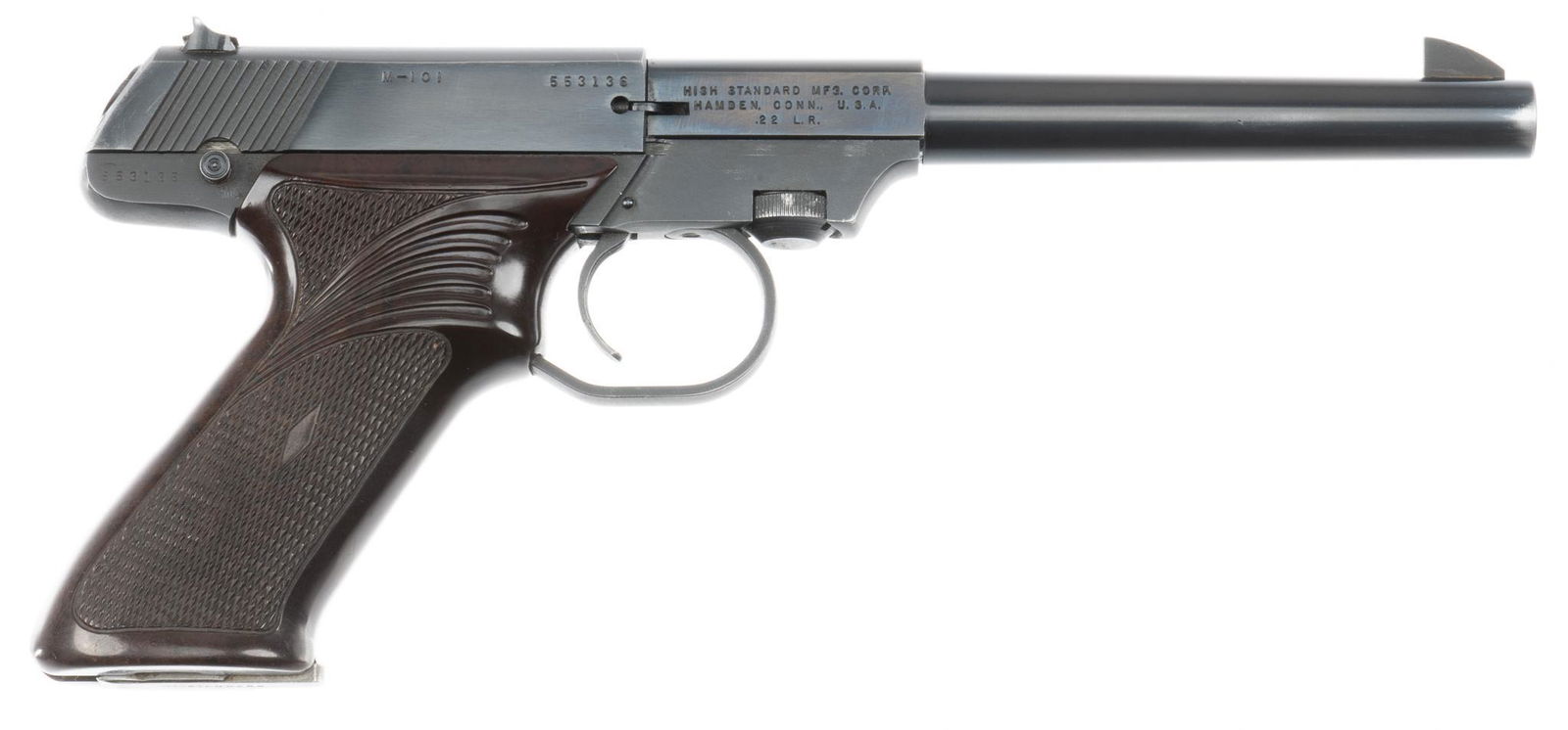 High Standard M 101 Duramatic .22 LR Pistol: Serial: 553136 Manufacturer: High Standard Model: M-101 Duramatic Caliber: .22 LR Barrel length: 6.5 in. OAL: 11.5 in. Condition: Very Good; Bakelite grips have very light handling marks; barrel &