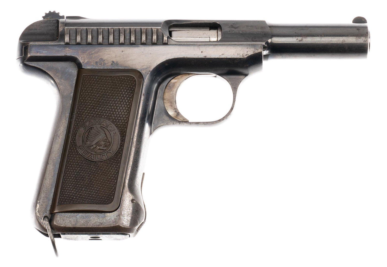 Savage Model 1907 .32 ACP Semi-Auto Pistol: Serial: 150306 Manufacturer: Savage Model: 1907 Caliber: .32 ACP Barrel length: 3.75 in. OAL: 7 in. Condition: Good; hard rubber grips have moderate handling marks; frame and slide have handling marks