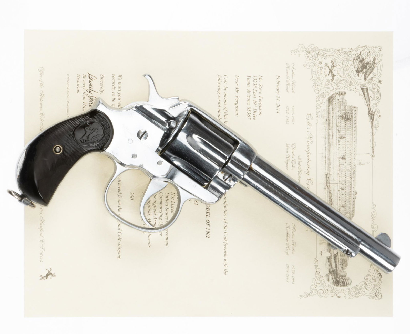 Colt Model 1902 Philippine Constabulary .45 LC DA Revolver: Serial: 46582 Manufacturer: Colt's PT. F.A. Mfg. Co. (c. 1900) Model: 1902 Philippine Constabulary Caliber: .45 Colt Barrel length: 6 in. OAL: 11 in. Condition: Fair; hard rubber grips have signif