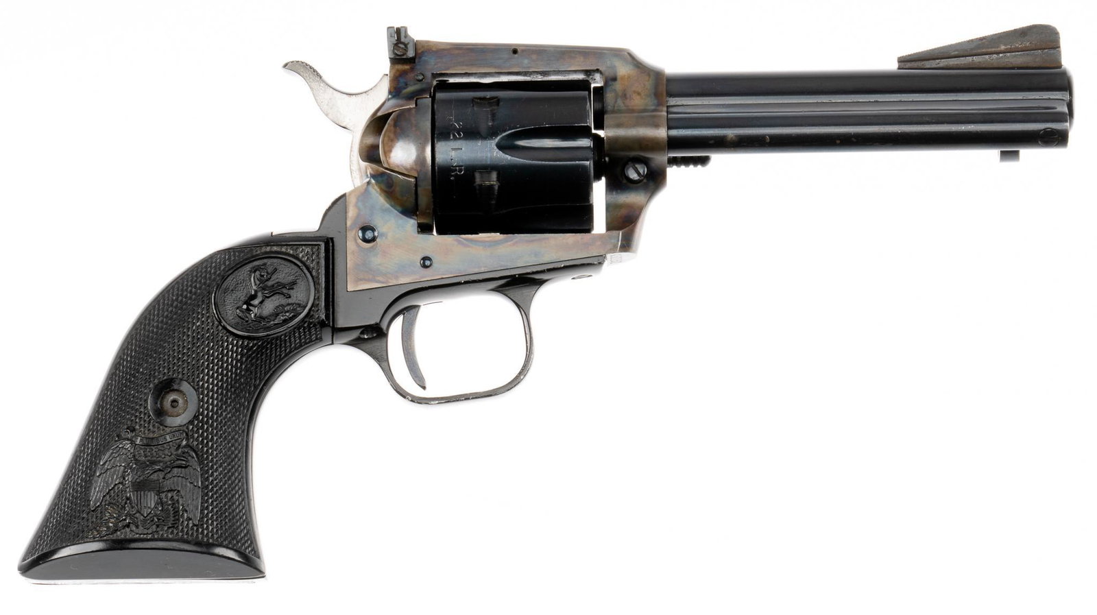 Colt New Frontier SAA .22 LR Revolver: Serial: G52152 Manufacturer: Colt Model: New Frontier Caliber: .22 LR Barrel length: 4 3/8 in. OAL: 10.5 in. Condition: Good; polymer grips have almost no handling marks; barrel & frame show moderate 