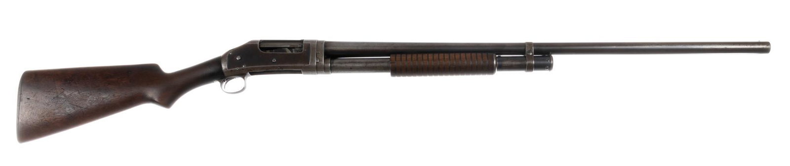 Winchester Model 97 12-Gauge Pump-Action Shotgun: Serial: E 744338 Manufacturer: Winchester Repeating Arms Co. (c. 1925) Model: 97 Caliber: 12 Ga. (full choke) Barrel length: 30 in. OAL: 49 in. Condition: Fair; wood stock has fair amount of wear &