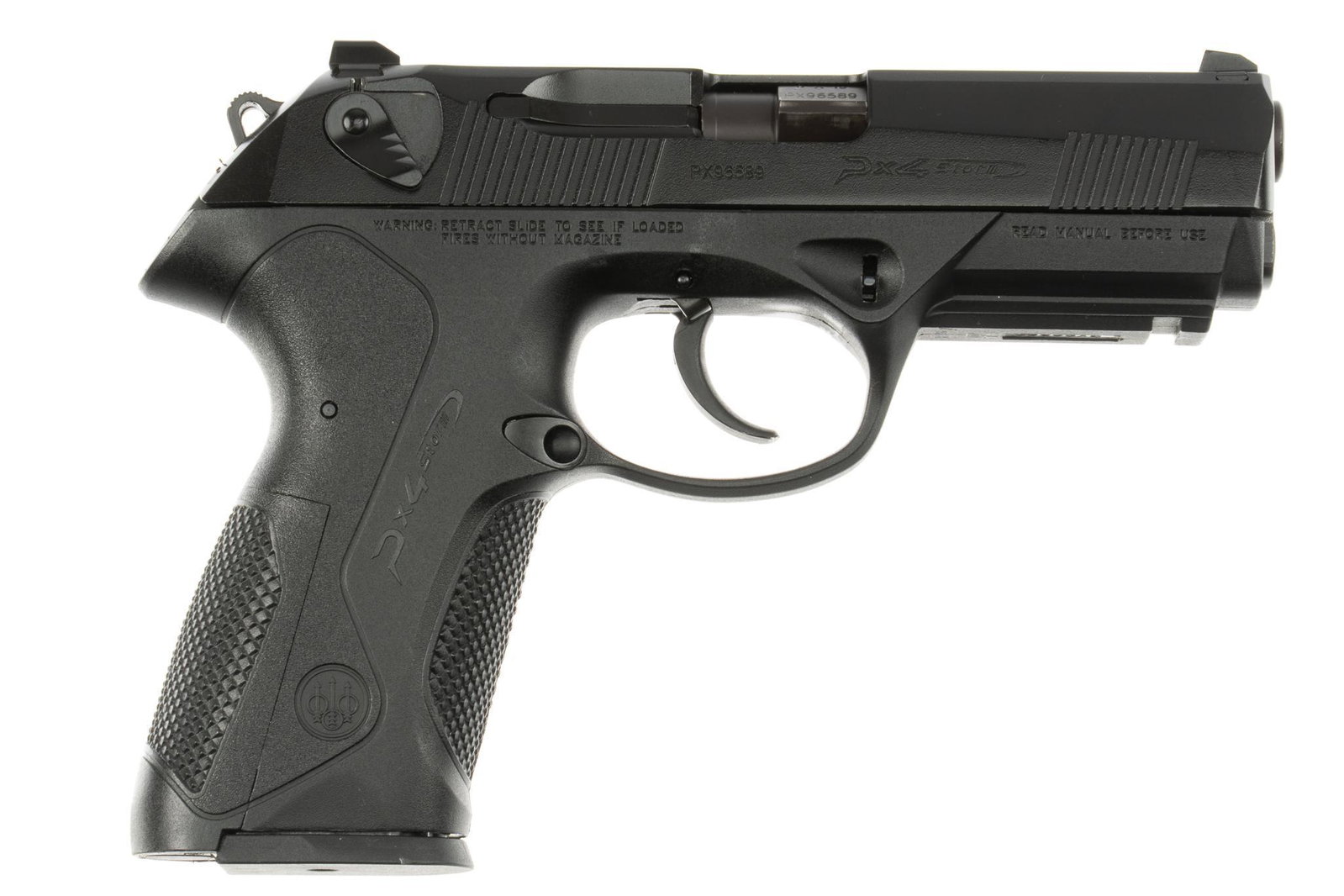 Beretta Model PX4 Storm 9mm Semi-Auto Pistol: Serial: PX96589 Manufacturer: Beretta USA Corp./ Italy Model: PX4 Storm Caliber: 9mm Barrel length: 4 in. OAL: 7.75 in. Condition: Good; polymer frame has light handling marks; slide has light handlin