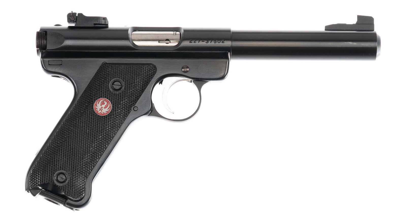 Ruger Mark III Target .22 LR Semi-Auto Pistol: Serial: 227-37502 Manufacturer: Sturm, Ruger & Co. Inc. Model: Mark III Target Caliber: .22 LR Barrel length: 5.5 in. OAL: 10 in. Condition: Very Good; plastic grips have very light handling marks