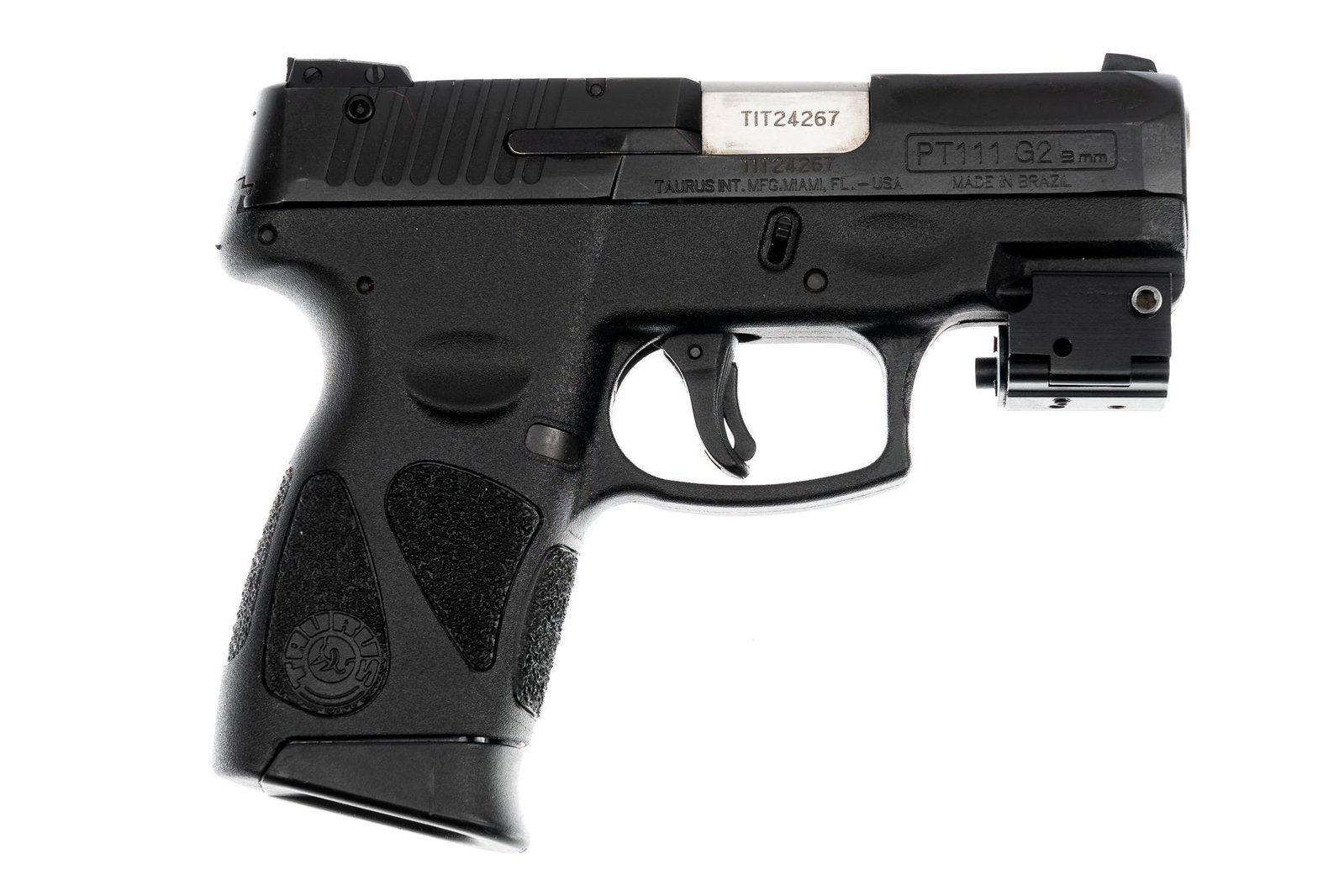 Taurus PT111 Millenium G2 9mm Semi-Auto Pistol: Serial: TIT24267 Manufacturer: Taurus Int. Mfg. Model: PT111 Millennium G2 Caliber: 9mm Barrel length: 3.25 in. OAL: 6.375 in. Condition: Very Good; synthetic stock has light handling marks; slide has