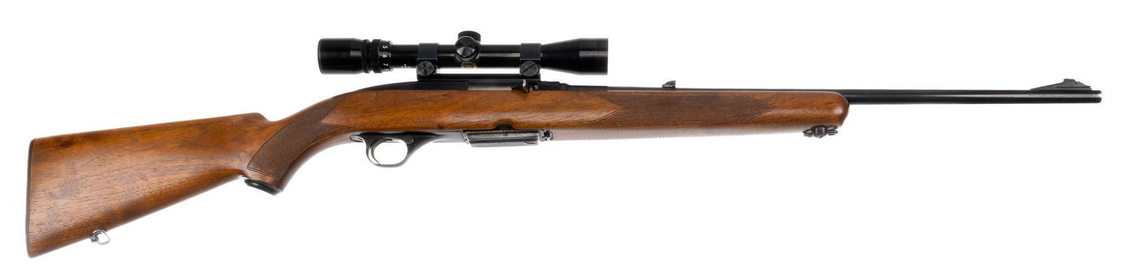 Winchester Model 100 .308 WIN Semi-Auto Rifle: Serial: 3375 Manufacturer: Winchester (c. 1961) Model: 100 Caliber: .308 WIN Barrel length: 22 in. OAL: 42.5 in. Condition: Very Good; wood stock has light handling marks; barrel & receiver have l