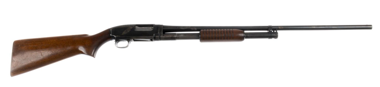 Post-War Winchester Model 12 20-Gauge Shotgun: Serial: 1356826 Manufacturer: Winchester (c. 1953) Model: 12 Caliber: 20 Ga. (full choke) Barrel length: 28 in. OAL: 47 in. Condition: Good; wood stock has moderate handling marks; barrel & receiv