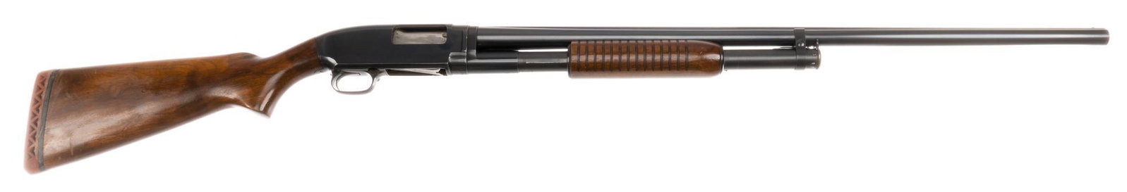 Winchester Model 12 12-Gauge Pump-Action Shotgun: Serial: 1254065 Manufacturer: Winchester (c. 1951) Model: 12 Caliber: 12 Ga. (full choke) Barrel length: 30 in. OAL: 49.5 in. Condition: Good; wood stock has moderate wear; barrel & receiver have 