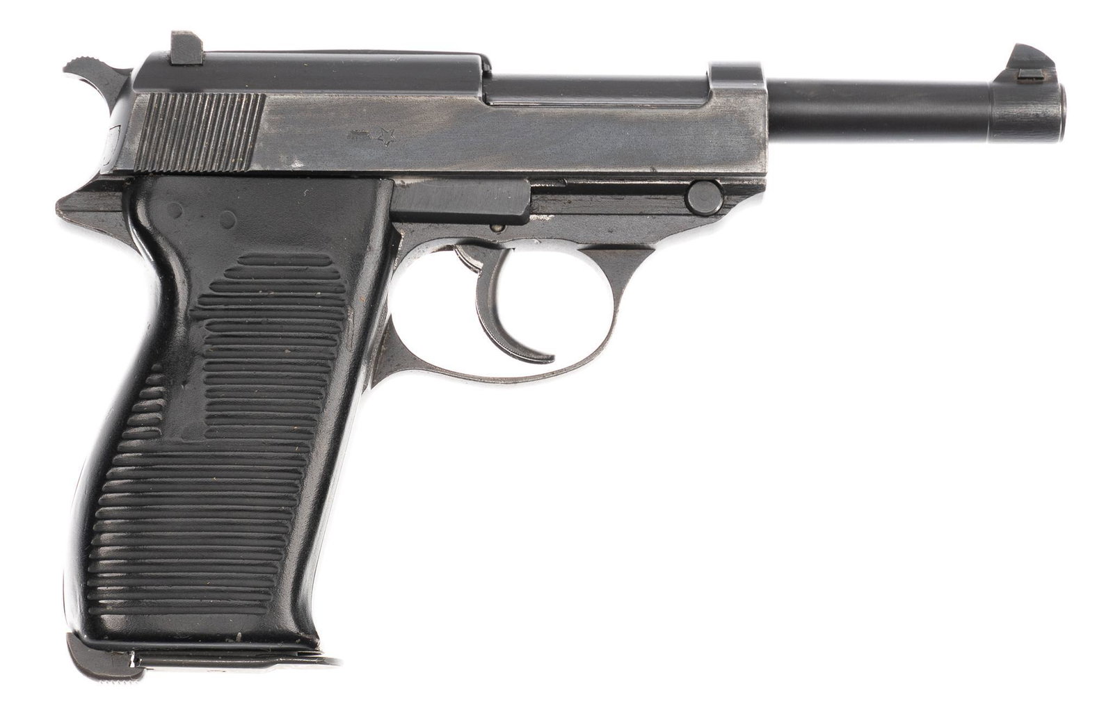 Interesting French Capture BYF 44 Mauser P.38 9mm Pistol: Serial: 3992 g Manufacturer: Mauser (Byf Code) (c. 1944) Model: P.38 Caliber: 9mm Barrel length: 5 in. OAL: 9 in. Condition: Very Good; French Military Arsenal refinished: French steel grips have ligh