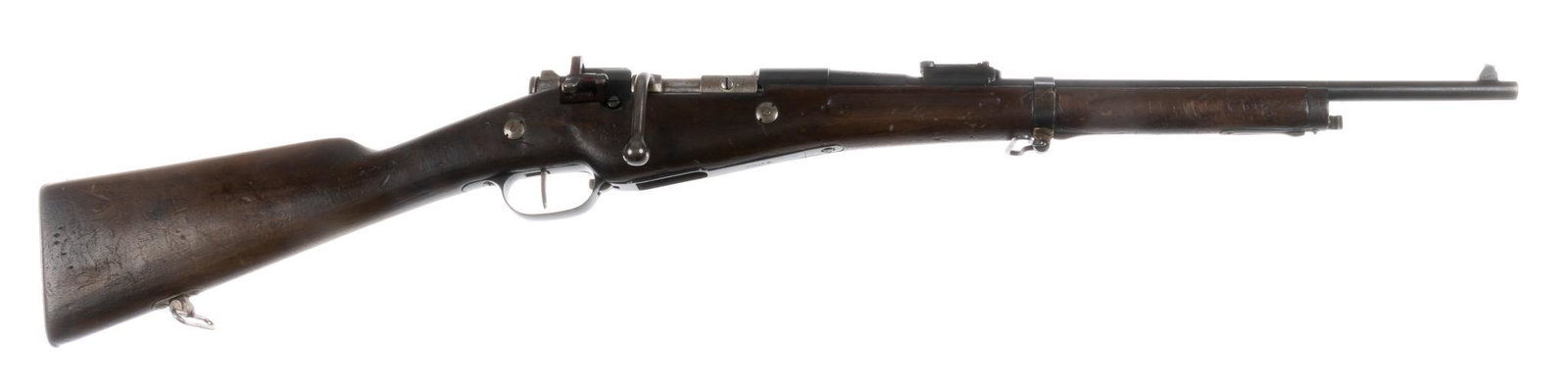 French Chatellerault Berthier Model 1892 Carbine 8mm Lebel Bolt-Action Rifle: Serial: 69900 Manufacturer: Manufacture d'Armes de Chtellerault Model: Mle 1892 Caliber: 8x50R Barrel length: 17.5 in. OAL: 37.5 in. Condition: Very Good-Good; stock has light handling marks throu