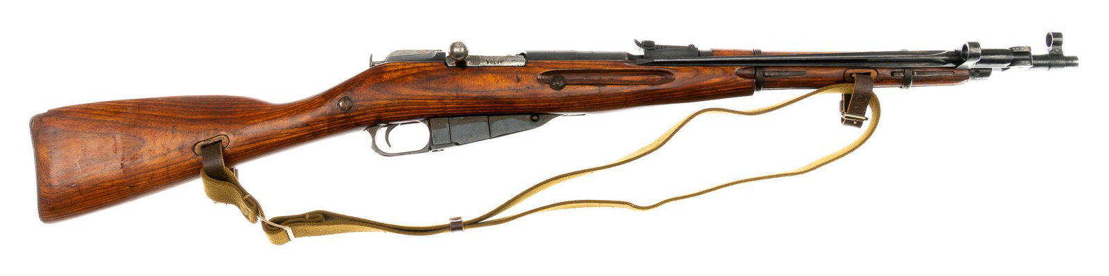 Russian WWII Mosin Nagant M44 7.62x54r Bolt-Action Rifle: Serial: PÃËœ1554 Manufacturer: Izhevesk Arsenal (c.1945) Model: Model 44 Caliber: 7.62x54r Barrel length: 20 in. OAL: 40 in. Condition: Fair; wood stock has light handling marks and has been refini