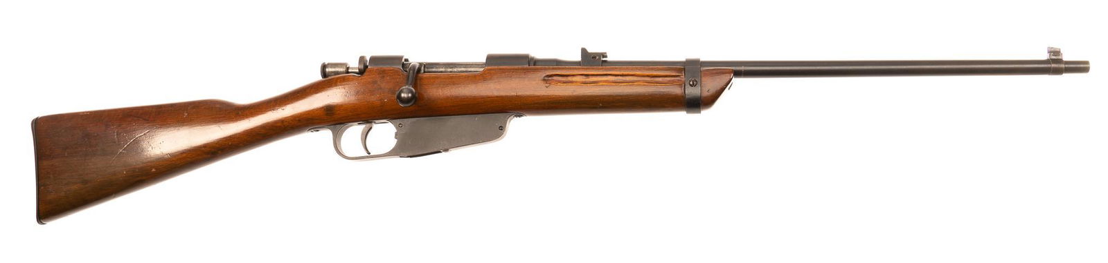 Italian M 38 TS 7.35x51 Carcano Sporter Bolt-Action Rifle: Serial: K7558 Manufacturer: Terni Arsenal Model: M38 TS Caliber: 7.35x51 Carcano Barrel length: 21 in OAL: 40 in. Condition: Good; wood stock has been shortened down, but very light handling marks; ba