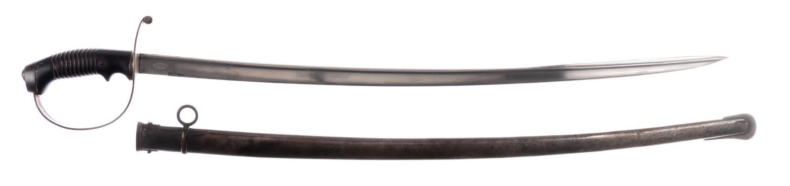 WWI Imperial German Cavalry Saber: Includes: scabbard Marked: "WEYERSBERG / & CO / SOLINGEN" on right Ricasso Blade Length: 30.75 in. long Overall Length: 37 in. long Condition: Good; hard rubber handle has wear commensurat