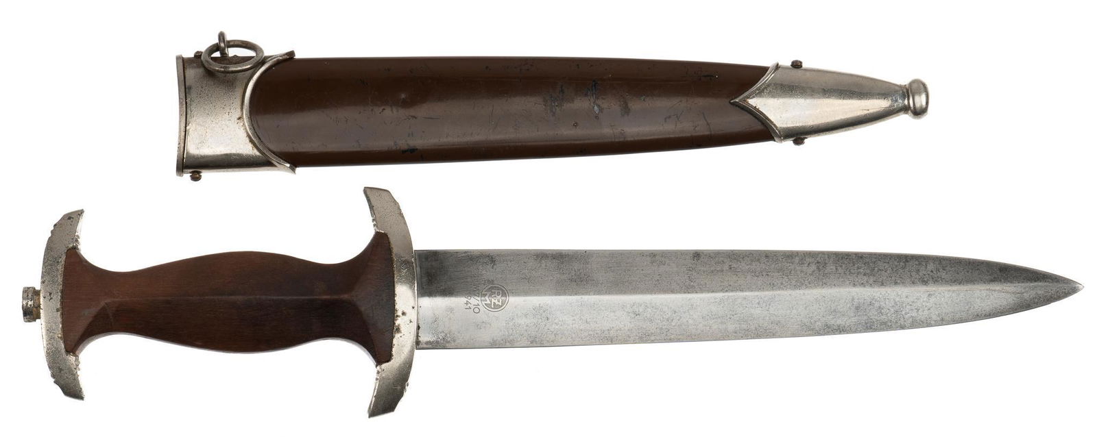 WWII 1941 German SA Dagger W/ Scabbard: Includes: scabbard; SA & eagle roundels Marked: RZM insignia over "M 7/10 / 1941"; blade etched "Alles fur Deutschland" Blade Length: 8.625 in. long Overall Length: 13.75 in. long