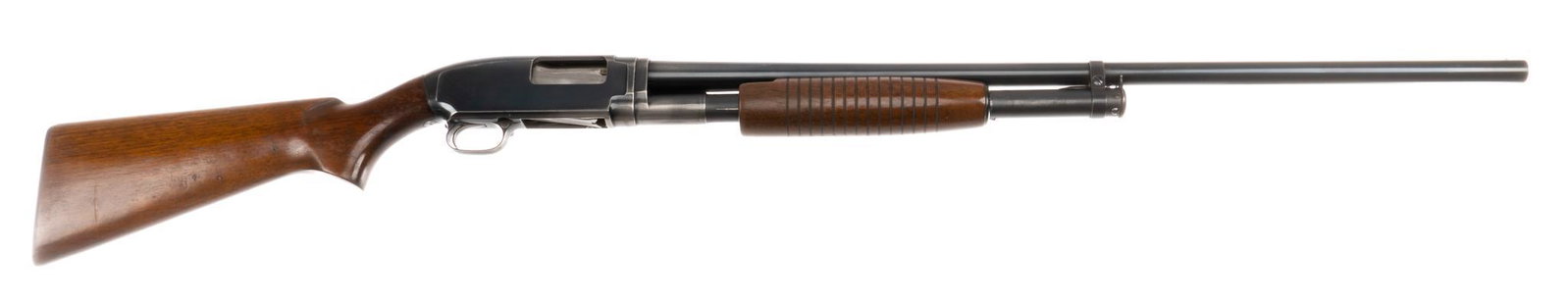 Winchester Model 12 12-Gauge Pump-Action Shotgun: Serial: 1604013 Manufacturer: Winchester (c. 1956) Model: 12 Caliber: 12 Ga. (full choke) Barrel length: 30 in. OAL: 49.25 in. Condition: Good; wood stock has handling marks commensurate w/ age; barre