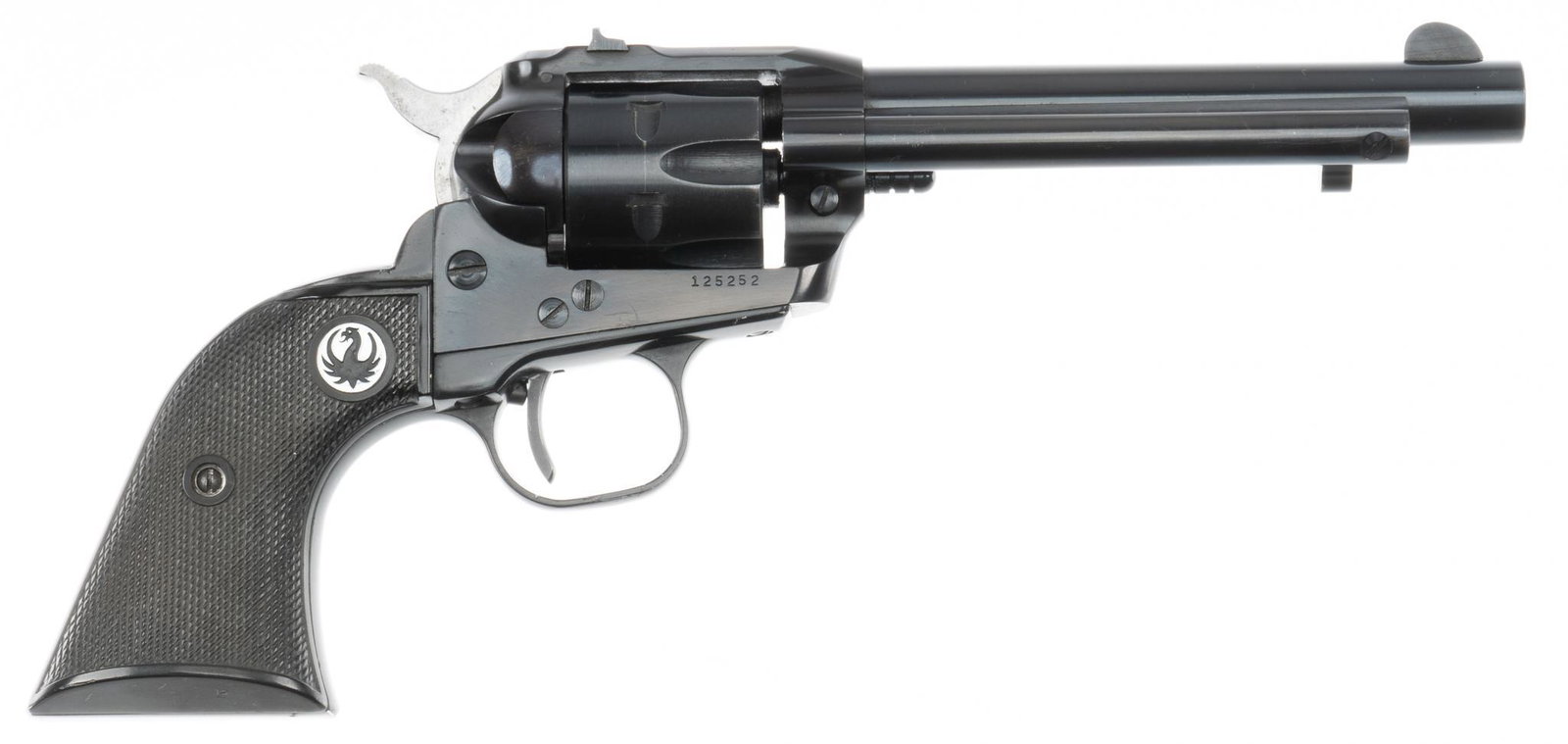 Ruger Single-Six .22 LR Revolver: Serial: 125252 Manufacturer: Sturm, Ruger (c. 1959) Model: Single Six Caliber: .22 LR Barrel length: 5.5 in. OAL: 11.5 in. Condition: Very Good; black polymer grips have very light handling marks; bar
