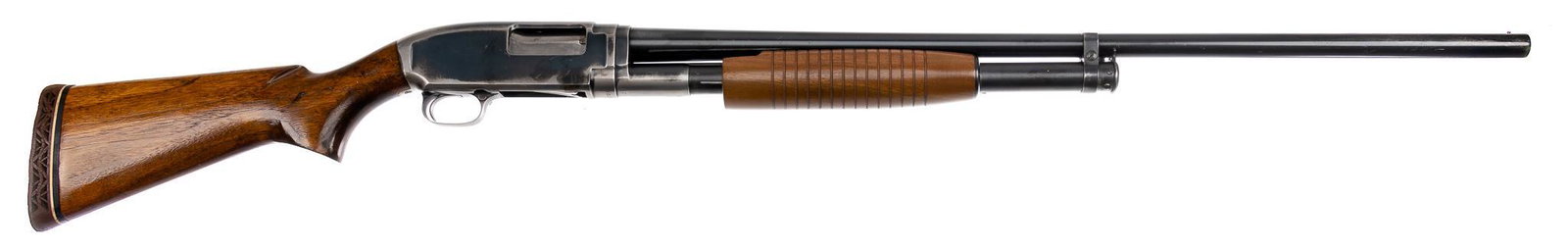 Winchester Model 12 12-Gauge Pump-Action Shotgun: Serial: 1724723 Manufacturer: Winchester (c. 1959) Model: 12 Caliber: 12 Ga. (full choke) Barrel length: 30 in. OAL: 48.25 in. Condition: Fair; wood stock has moderate handling marks & has been re