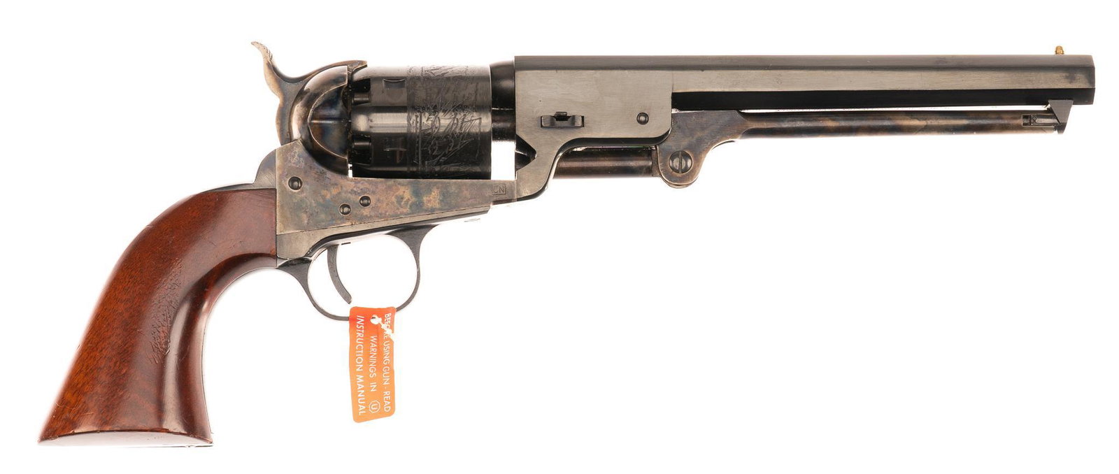Cimarron London Model 1851 Navy .36 Cal. Percussion Revolver: Serial: D14413 Manufacturer: Uberti, Italy Model: London Model 1851 Navy Caliber: .36 Cal. ball Barrel length: 7.5 in. OAL: 14 in. Condition: Good-Very Good; wood grips have handling marks and wear to
