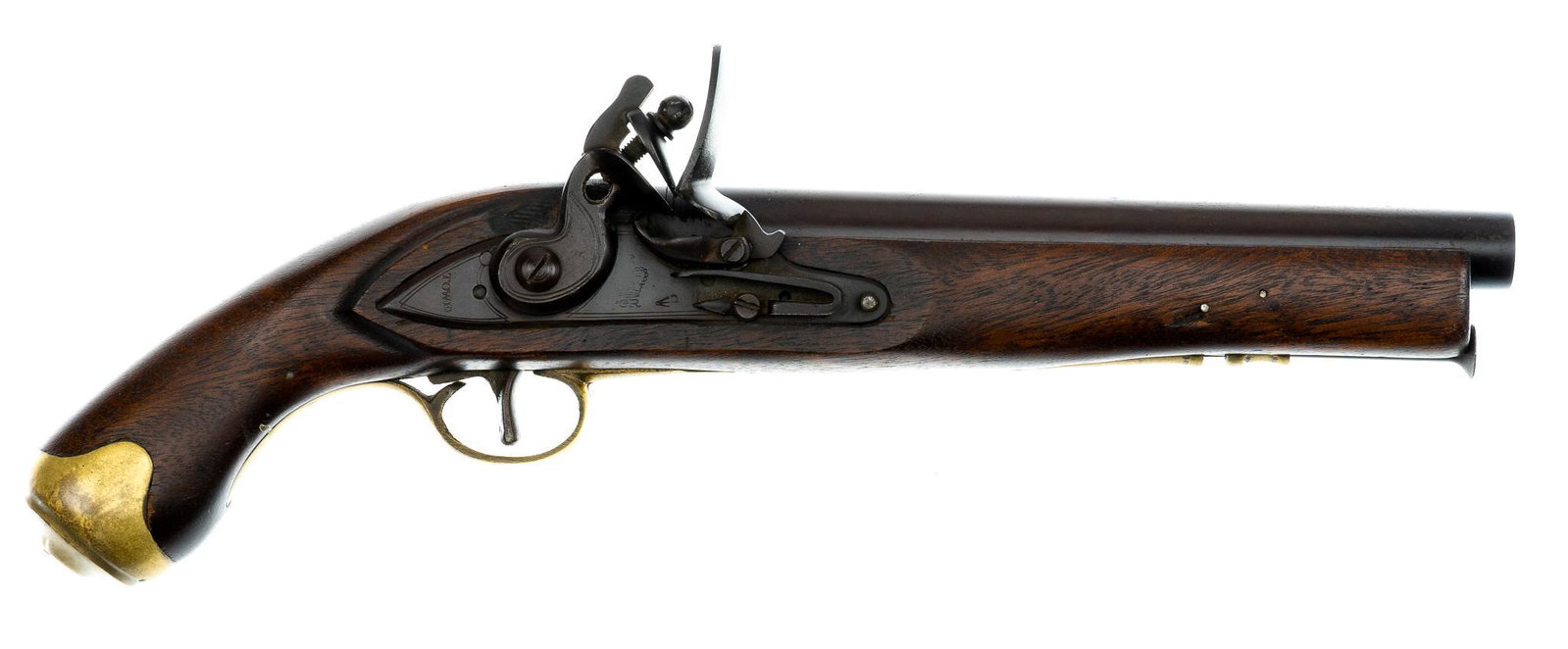 Reproduction British Tower .58 Cal. Flintlock Pistol: Serial: NSN Manufacturer: Tower-England Model: N/A Caliber: .58 Cal. ball Barrel length: 8.625 in. OAL: 15.5 in. Condition: Good; wood stock has light handling marks; barrel & lockplate have plum 