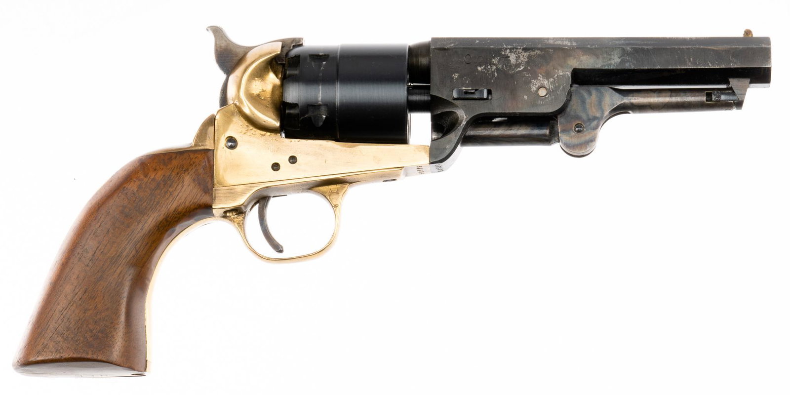 Italian Repro Colt 1849 Pocket .31 Cal. Revolver: Serial: 85609 Manufacturer: Pietta, Italy Model: 1849 Pocket Caliber: .31 Cal. ball Barrel length: 5 in. OAL: 10.25 in. Condition: Fair; wood grips have light handling marks; most of marks are not vis