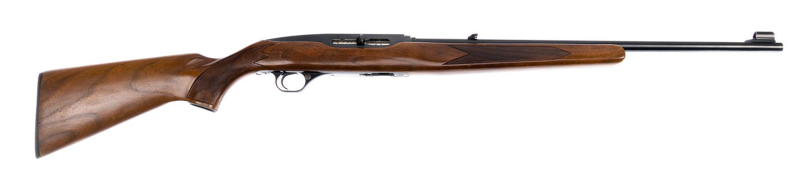 Winchester Model 490 .22 LR Semi-Auto Rifle: Serial: J017369* Manufacturer: Winchester Model: 490 Caliber: .22 LR Barrel length: 22 in. OAL: 42 in. Condition: Good; walnut stock has moderate handling marks; receiver & barrel have light handl