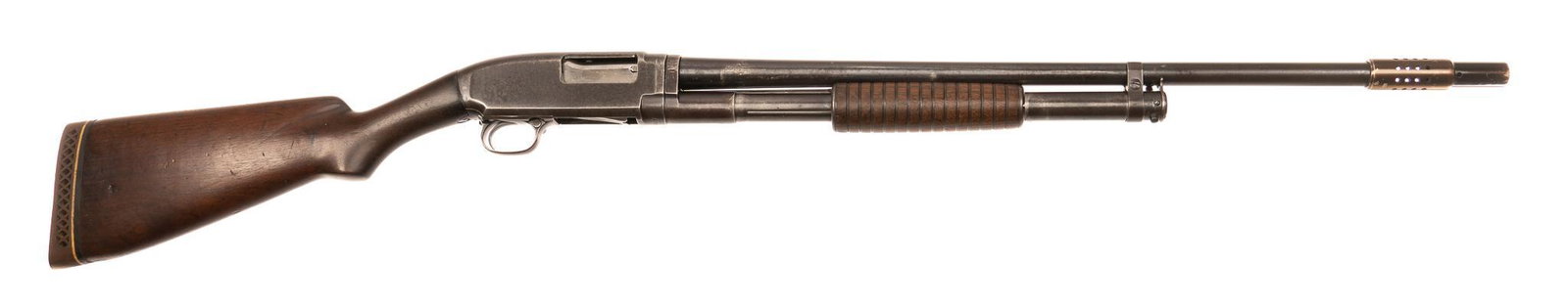 Pre-War Winchester Model 12 16-Gauge Pump-Action Shotgun: Serial: 235827 Manufacturer: Winchester Repeating Arms Co. (c. 1920) Model: 12 Caliber: 16 Ga. Barrel length: 25.75 in. w/ compensator OAL: 45.5 in. Condition: Fair; wood stock has handling marks comm
