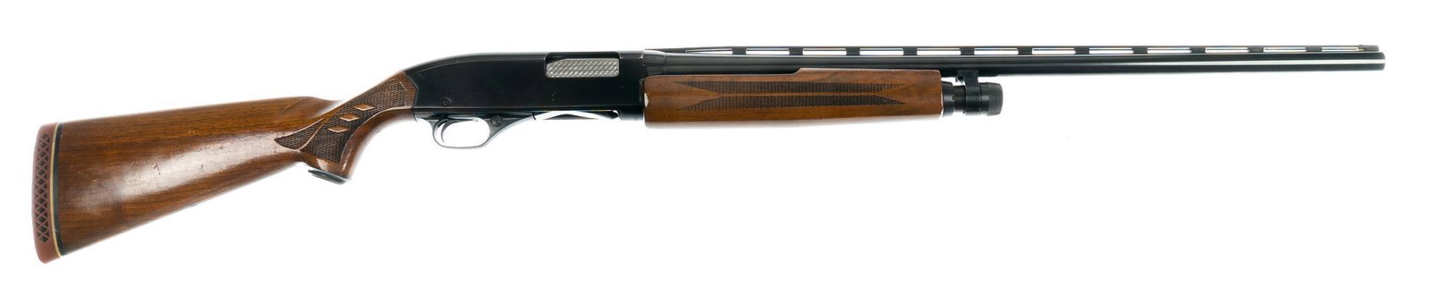 Winchester Model 1200 16-Gauge Pump-Action Shotgun: Serial: 113671 Manufacturer: Winchester Model: 1200 Caliber: 16 Ga. Barrel length: 26 in. (fixed Imp cyl choke) OAL: 47 in. Condition: Very Good; walnut stock & forend have light handling marks; b