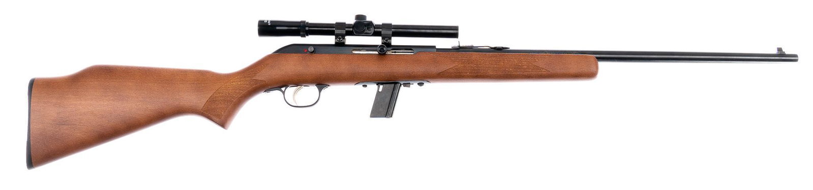 Savage Stevens Model 954 .22 LR Semi-Auto Rifle: Serial: 0019915 Manufacturer: Savage Arms Co. Model: Stevens Model 954 Caliber: .22 LR Barrel length: 20 in. OAL: 40 in. Condition: Excellent; wood stock has almost no marks; barrel & receiver hav