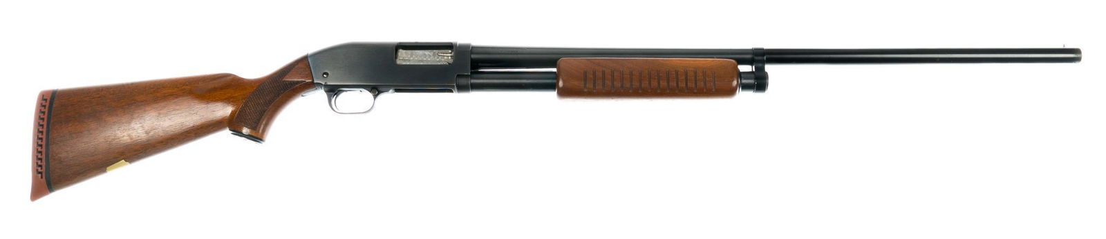 J.C. Higgins Model 20 12-Gauge Pump-Action Shotgun: Serial: No SN Manufacturer: Sears, Roebuck & Co. / J.C. Higgins Model: 20 Caliber: 12 Ga. Barrel length: 28 in. (full choke) OAL: 47.25 in. Condition: Good; wood stock has light handling marks; ba