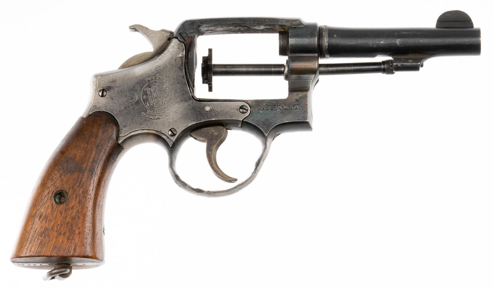 Parts Kit S&W Victory Model Revolver: Serial: V 374285 Manufacturer: Smith & Wesson Model: Victory Model Caliber: .38 S&W Barrel length: 4 in. OAL: 9.5 in. Condition: Poor; wood grips have light handling marks; replacement barrel