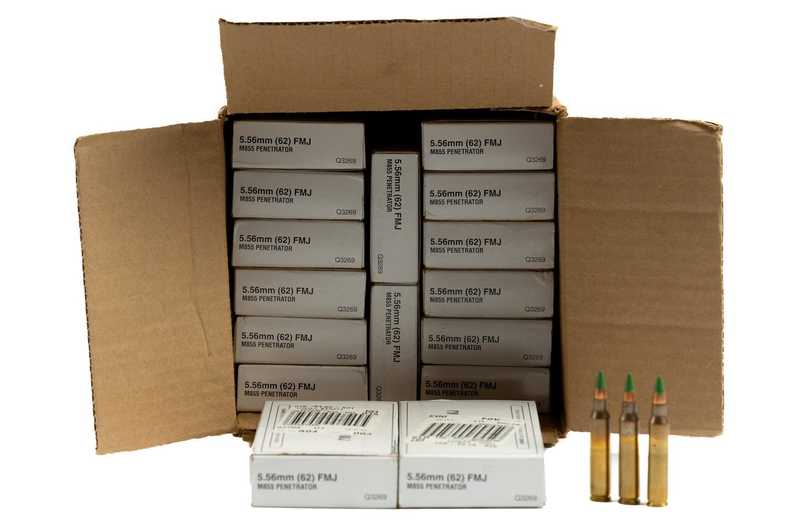 1563 Rounds of Mixed .223 REM Ammunition: Includes: -1000 rds of PMC Bronze .223 REM 55gr. FMJ-BT -220 rds of Remington UMC .223 REM 55gr. MC -20 rds of Tulammo .223 REM 55gr. FMJ steel case -323 rds of Olin Corp. .223 REM M855 Penetrator 62g