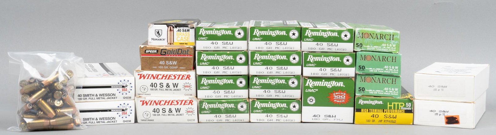 1260 Rounds of Mixed .40 S&W Ammunition: Includes: -665 rds of Remington 180gr. FMJ -200 rds of Winchester 180gr. FMJ -200 rds of Monarch 180gr. FMJ -84 rds of Guns & Ammo (Remanufactured) 155gr. FMJ FP -26 rds of Remington 180gr. JHP -1
