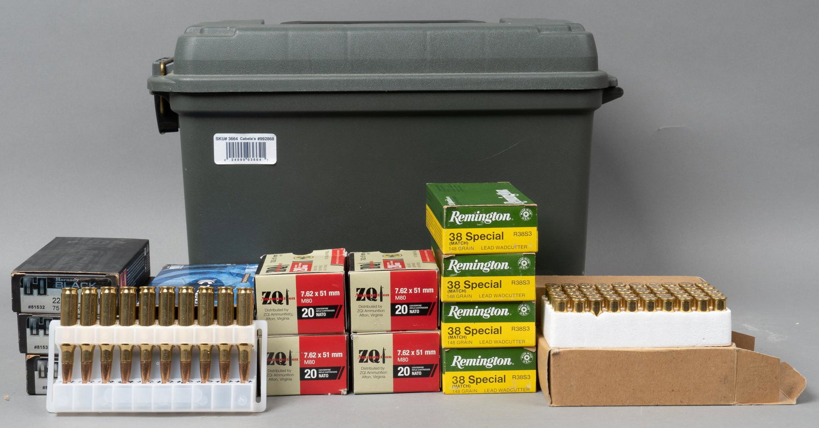 480 Rounds of .38 SPL, .224 Valkyrie, .308 WIN Ammunition: Includes: -200 rds of Remington Match grade .38 SPL, 148 Gr Wadcutter -100 rds of Winchester .38 SPL, 148 Gr Wadcutter -40 rds of Federal Power Shok .308 WIN, 180 Gr JSP -80 rds of ZQI 7.62 NATO, 147 