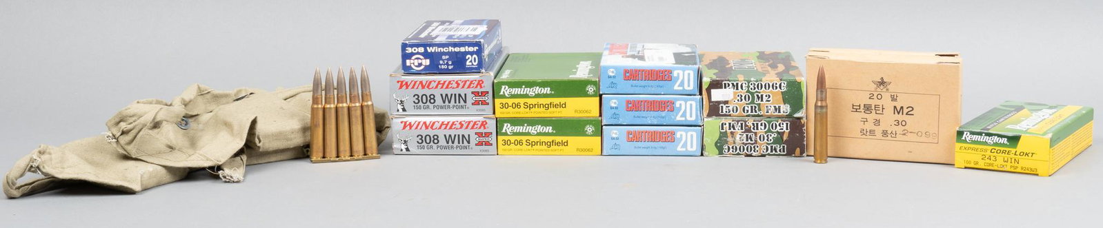 315 Rounds of .30-06 SPRG, .308 WIN, .243 WIN & 8mm Mauser Ammunition: Includes: -40 rds of PMC M2 Spec .30-06, 150gr. FMJ -40 rds of Korean Military M2 Spec .30-06, 150gr. FMJ -60 rds of Barnaul .30-06, 145gr. FMJ -36 rds of Remington .30-06, 150gr Core-Lokt Soft Point 