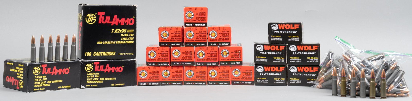 800 Rounds of 7.62x39 Ammunition: Includes: -300 rounds Tulammo 124gr. FMJ -100 rounds Wolf 123gr. FMJ -260 rounds Red Army Standard 124gr. FMJBT -140 rounds loose FMJ Provenance: A San Antonio, Texas estate We will happily provide