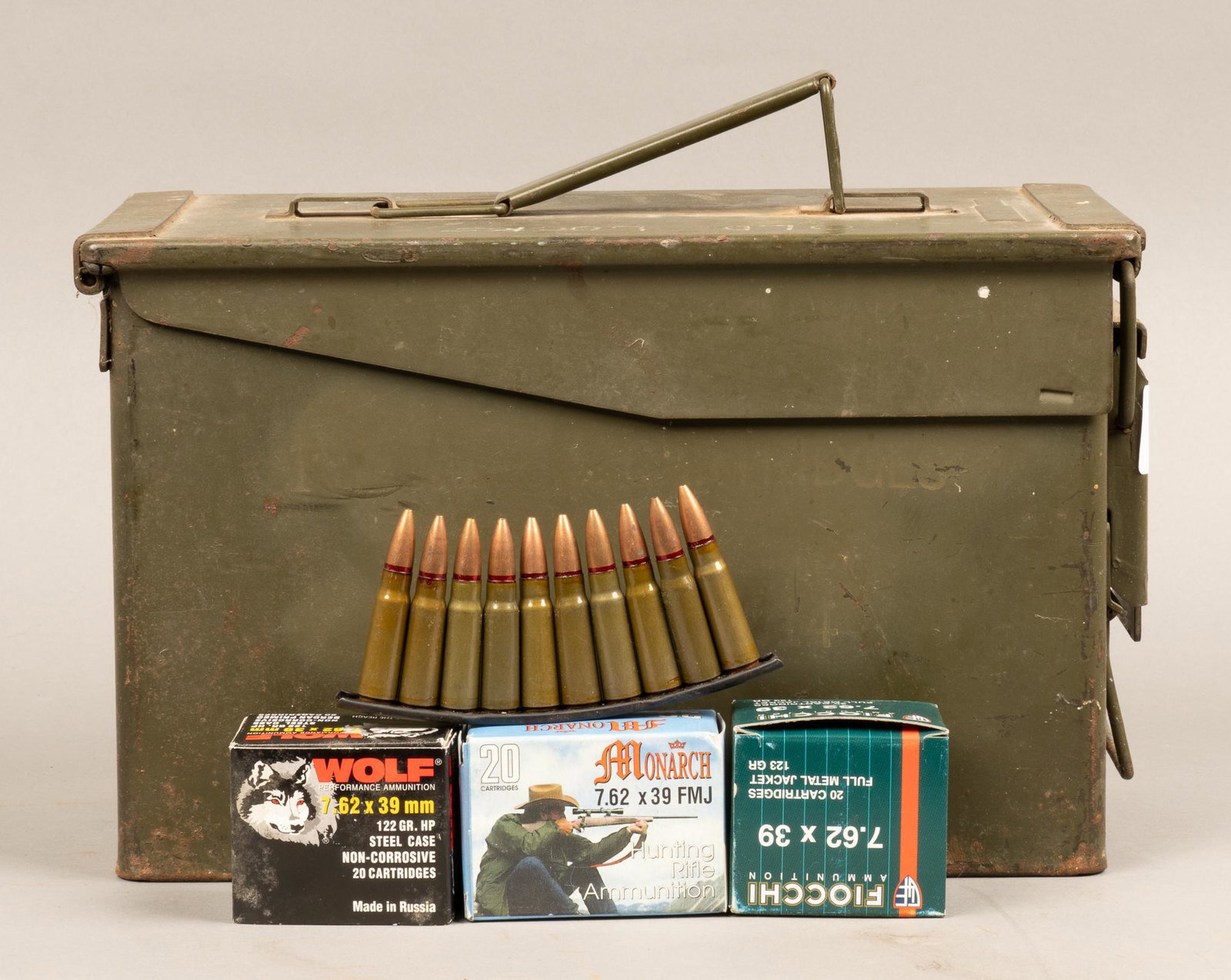 715 Rounds of 7.62x39 Ammunition: Includes: -200 rds of Wolf 122gr. FMJ -200 rds of Wolf 122gr. HP -100 rds of Monarch 123gr. FMJ -200 rds of Fiocchi 123gr. FMJ -15 rds of Wolf 123gr. HP Provenance: A Boerne, Texas estate We w