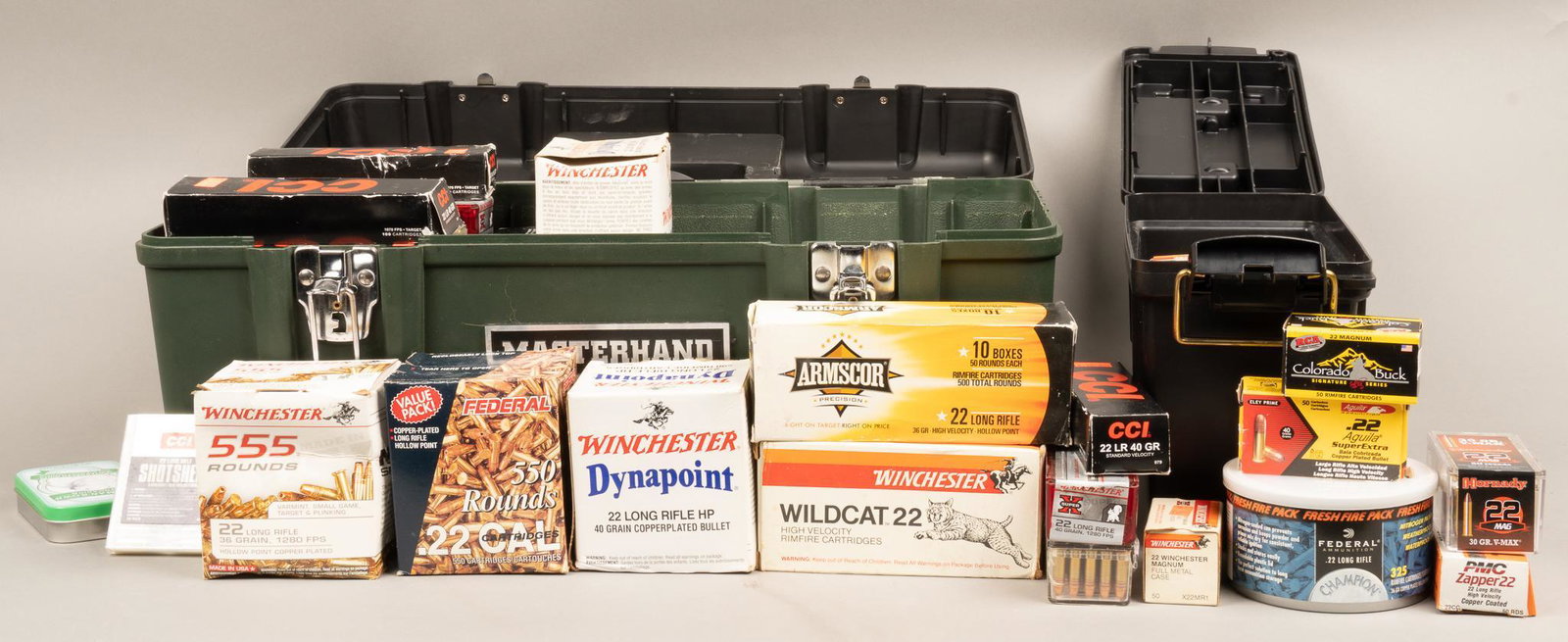 Approx. 11000 Rounds of Mixed .22 LR & .22 WMR Ammunition: Includes: -241 rds of Hornady V-MAX .22 MAG 30gr. -975 rds Federal .36gr. CP HP -300 rds of Winchester Super X .22 WMR 40gr. (200 JHP & 100 FMC) -50 rds of Aguila SuperExtra .22 LR 40gr. CP -30 rd