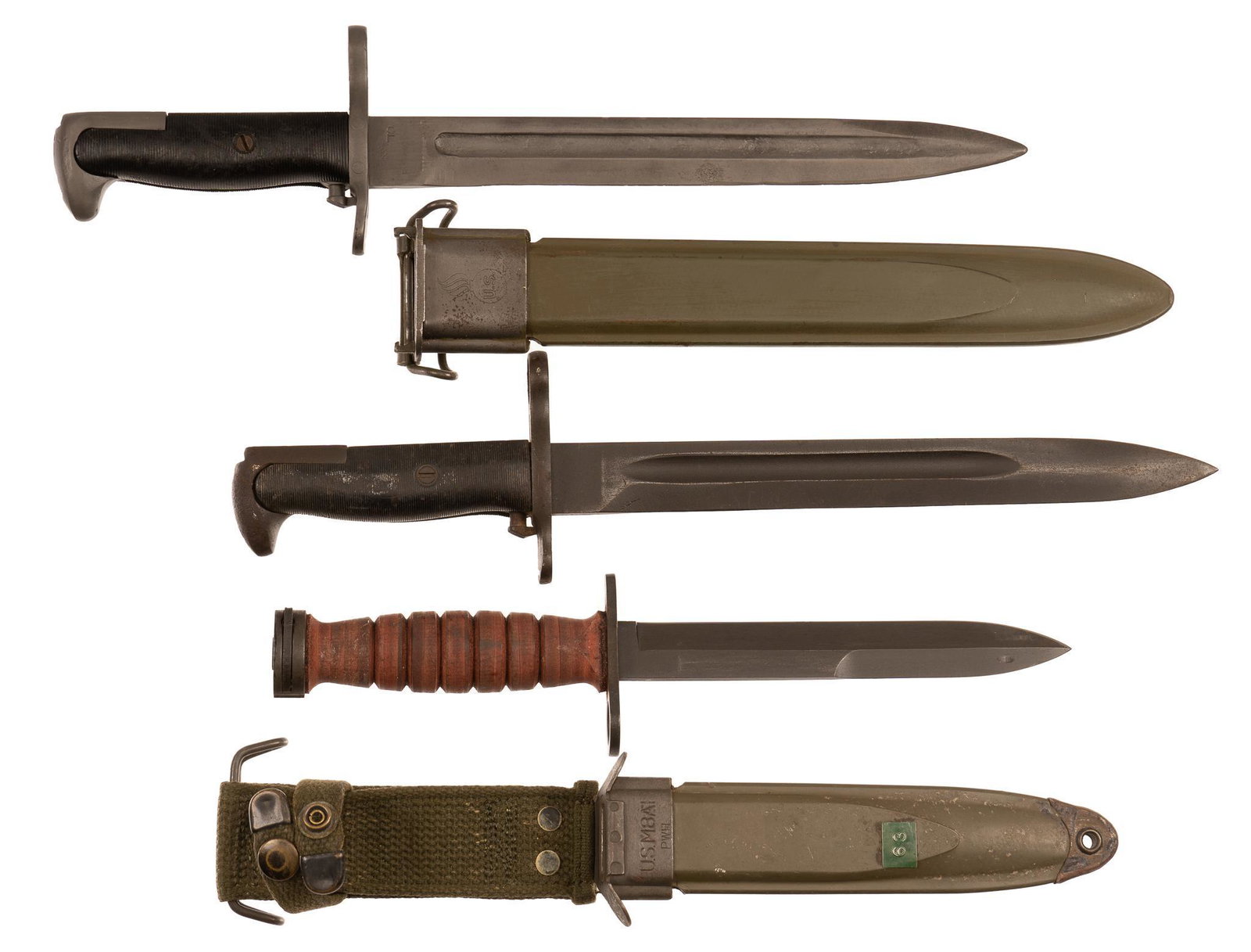 Collection of 3 WWII US Bayonets: Includes: -WWII M1 bayonet, c. 1943, 9.75 in. blade; "AFH / US" ordnance mark; no scabbard; good condition -WWII M1 bayonet w/ scabbard, c. 1943, 9.75 in. blade; "OL / US" ordnance mar