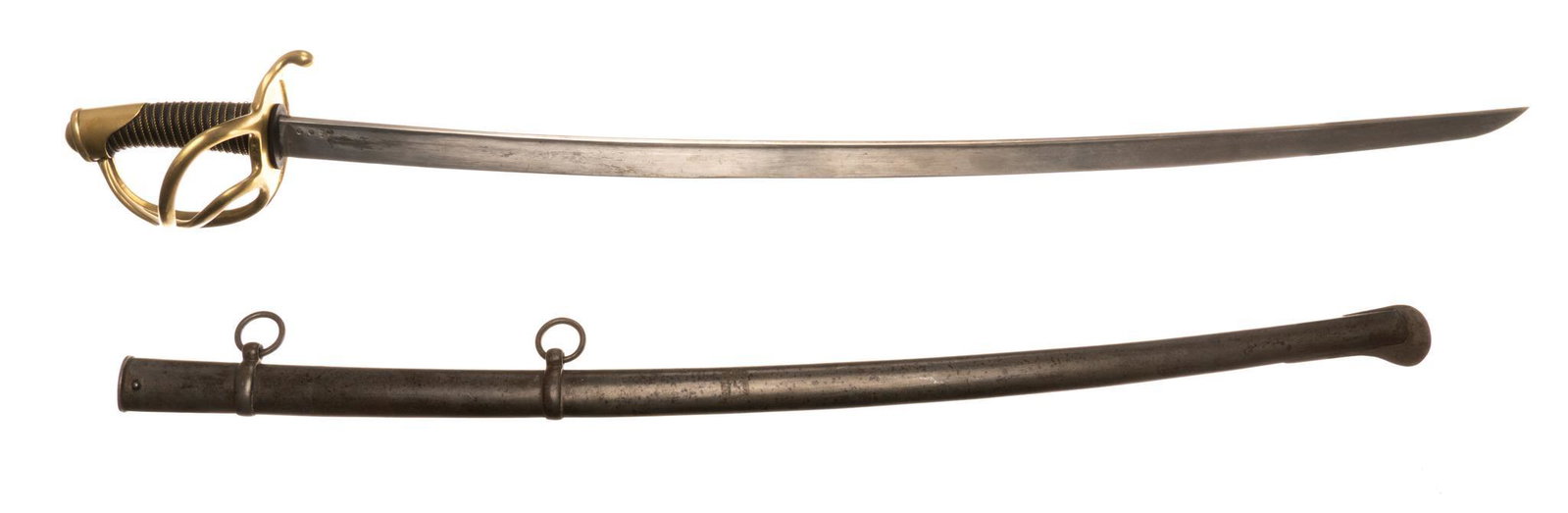 1820 French Model 1816 Light Cavalry Saber W/ Scabbard: Includes: scabbard; brass handguard; leather & brass wire wrapped handle Marked: spine reads "Manuf., du Royales du Klingenthal, g'bre 1820"; SN: 2117; proof marks on handguard & b