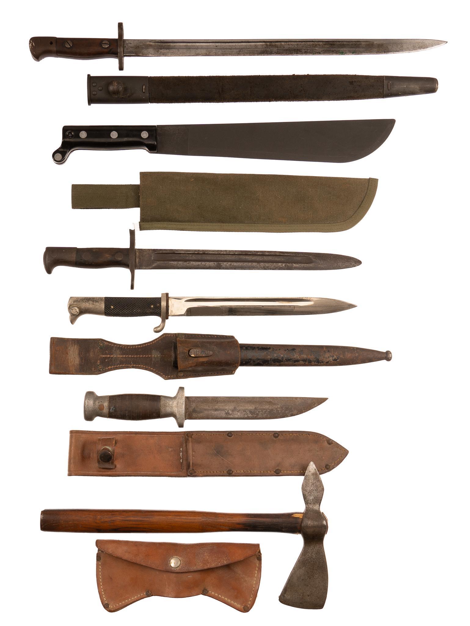 Collection of 6 Misc. Military Bladed Weapons: Includes: (1) tomahawk w/ sheath; (2) K98 Solingen dress bayonet w/ scabbard & frog; (3) M1892 Krag bayonet; (4) pattern 1907 Wilkinson bayonet w/ scabbard; (5) Ontario Knife US machete w/ sheath;