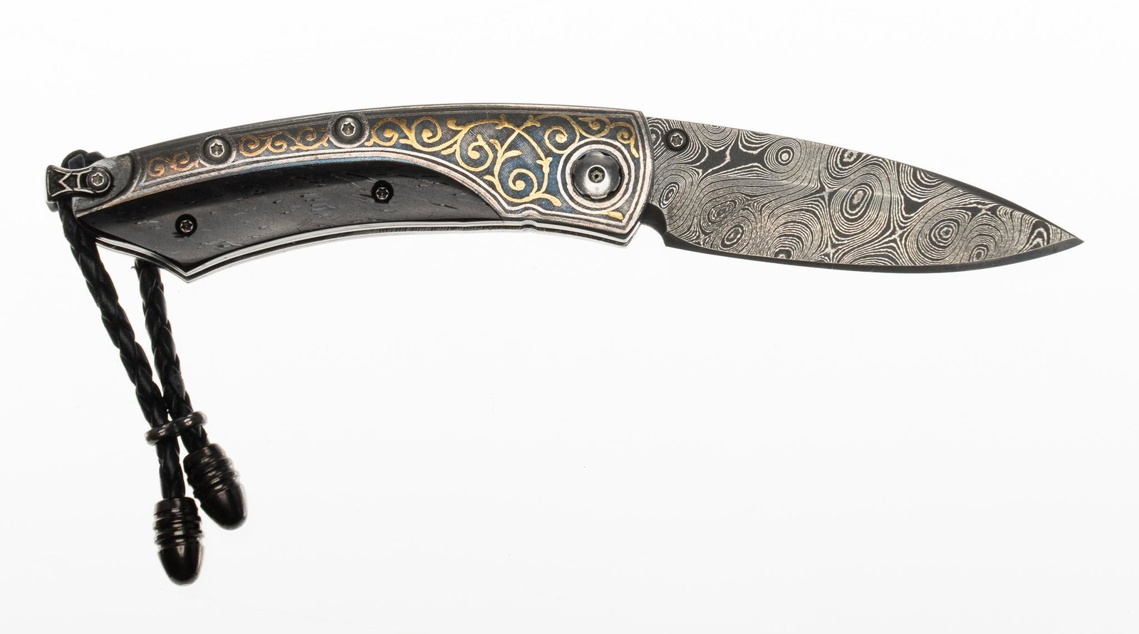 William Henry Kensington Knife 1 of 50: Includes: box; wood case; leather slipcase; certificate of authenticity Maker: William Henry Blade Length: 2 in. plain edge stainless steel Damascus blade forged by Chad Nichols Grips: steel inlaid wi