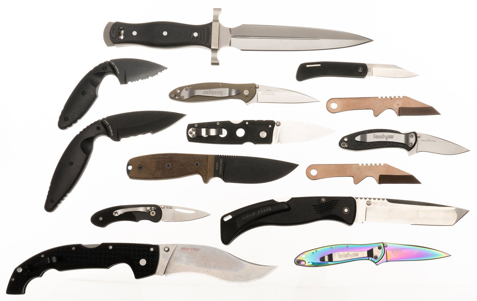 Collection of 14 Knives: Kabar, Kershaw, Cold Steel: Includes: -Kershaw Leek, 3 in. plain edge blade, green aluminum grips, in very good condition. -Kershaw Rainbow Leek, 3 in. plain edge blade, Titanium Oxide coating on blade and grips, W/ box & ma