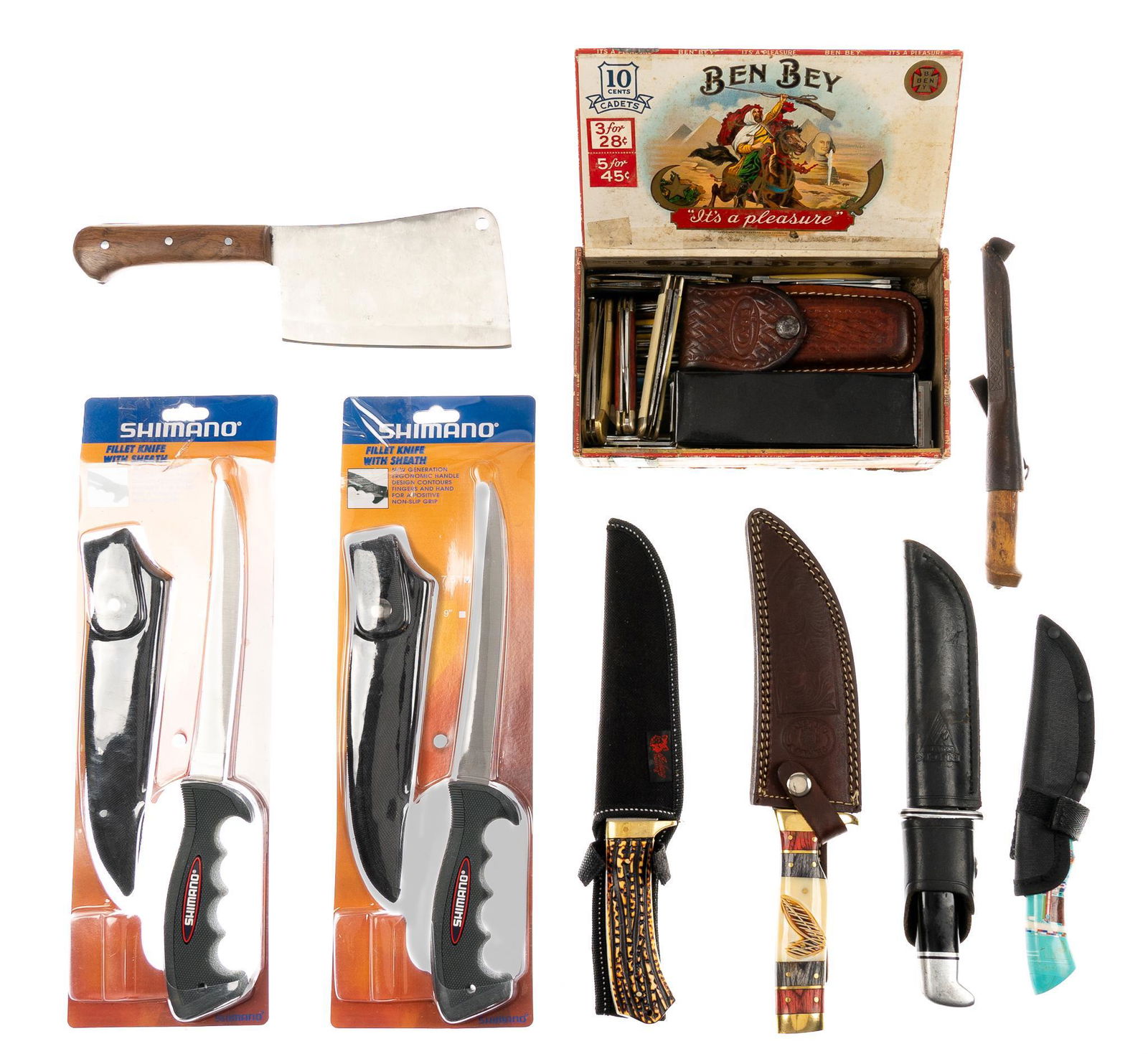 Collection of 37 Misc. Knives & Pocket Knives: Includes: -Fixed blade knives: Chipaway Cutlery knife w/ sheath; Colombia No.SA20 knife w/ sheath; Buck 119 knife w/ sheath; Indonesian style handmade skinner knife w/ sheath; unmarked knife w/ Native