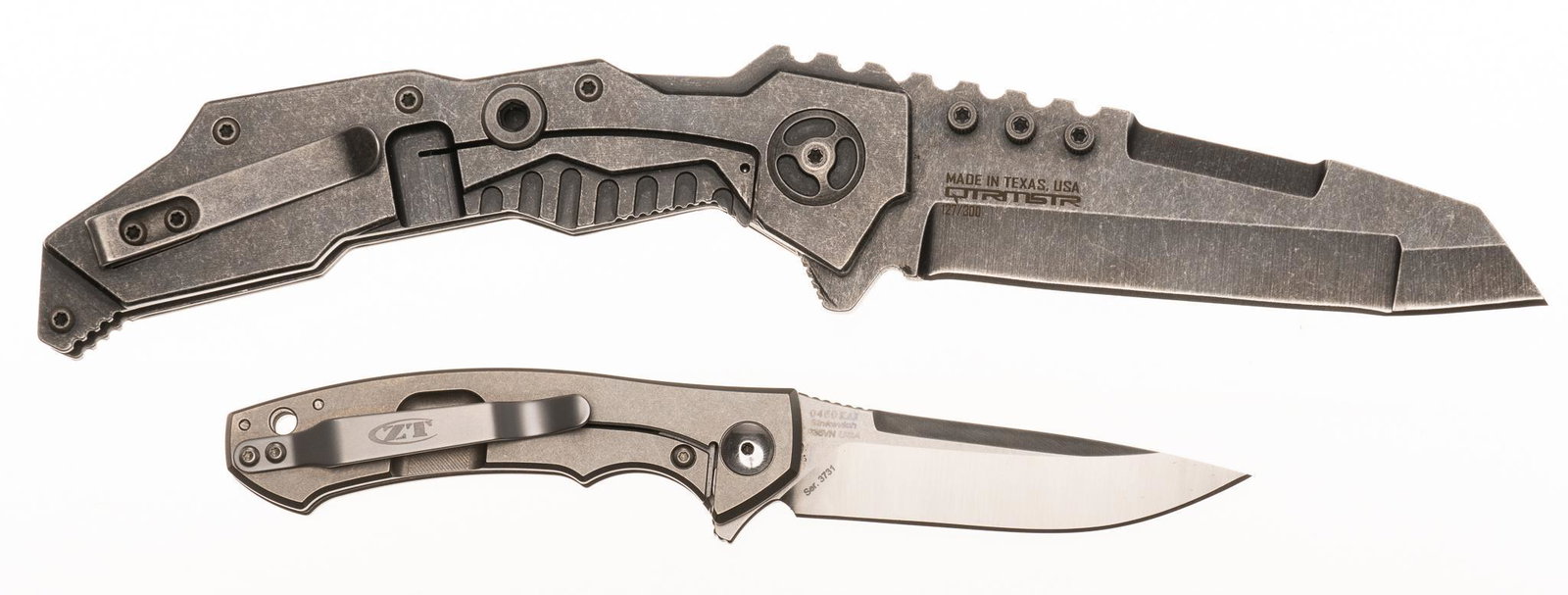Pair of Knives: Zero Tolerance & Quartermaster: Includes: -Quartermaster Hannibal Limited edition knife 1 of 300, 4.75 in. blade, stonewashed finish, W/ box and certificate of authenticity, mint condition, new in box. -Zero Tolerance 0450 Sinkevich