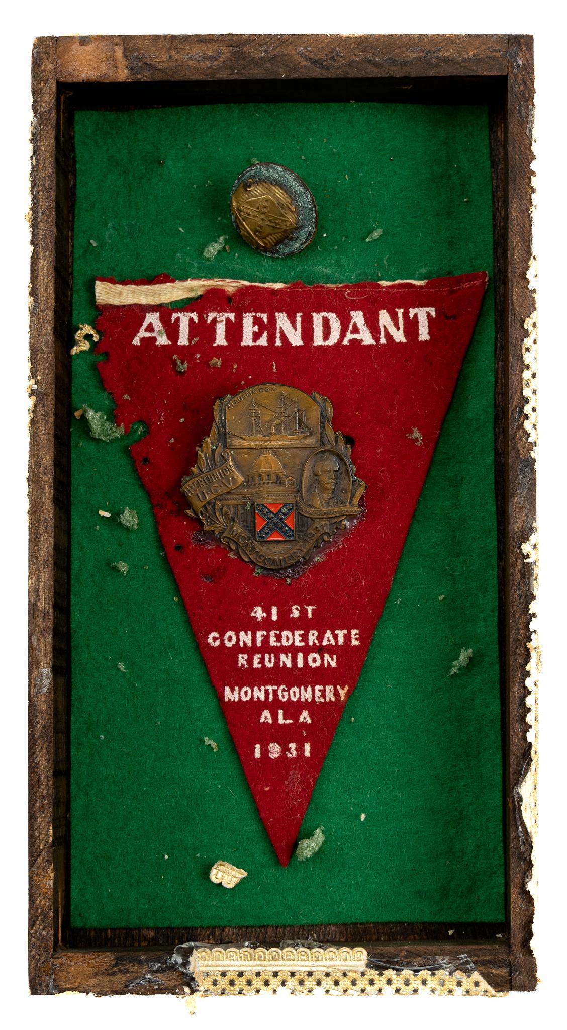 1931 41ST Confederate Reunion Pendant & Pins: Includes: pendant flag; commemorative reunion badge; Confederate button pin; all mounted in a shadow box, missing glass Marked: pendant is marked "ATTENDANT / 41 ST / CONFEDERATE / REUNION / MONTG
