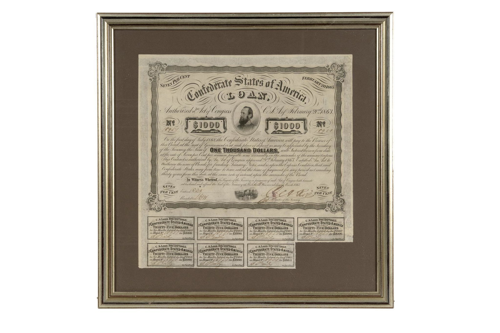 Confederate States of America $1000 Loan Certificate: Includes: Confederate States of America $1000 Loan Certificate -dated February 20, 1863 -7% interest rate -issued July 1, 1868 Measures: (image size)13.75 Ãƒâ€” 13.5 in.; (frame size) 23.75 Ã�