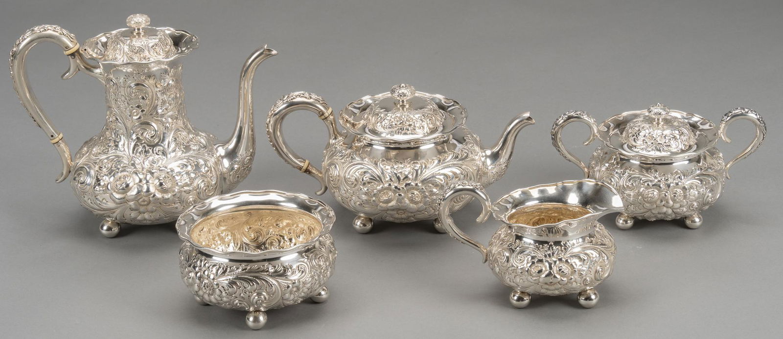 5pc Sterling Silver Repousse Tea Set (1 of 7)