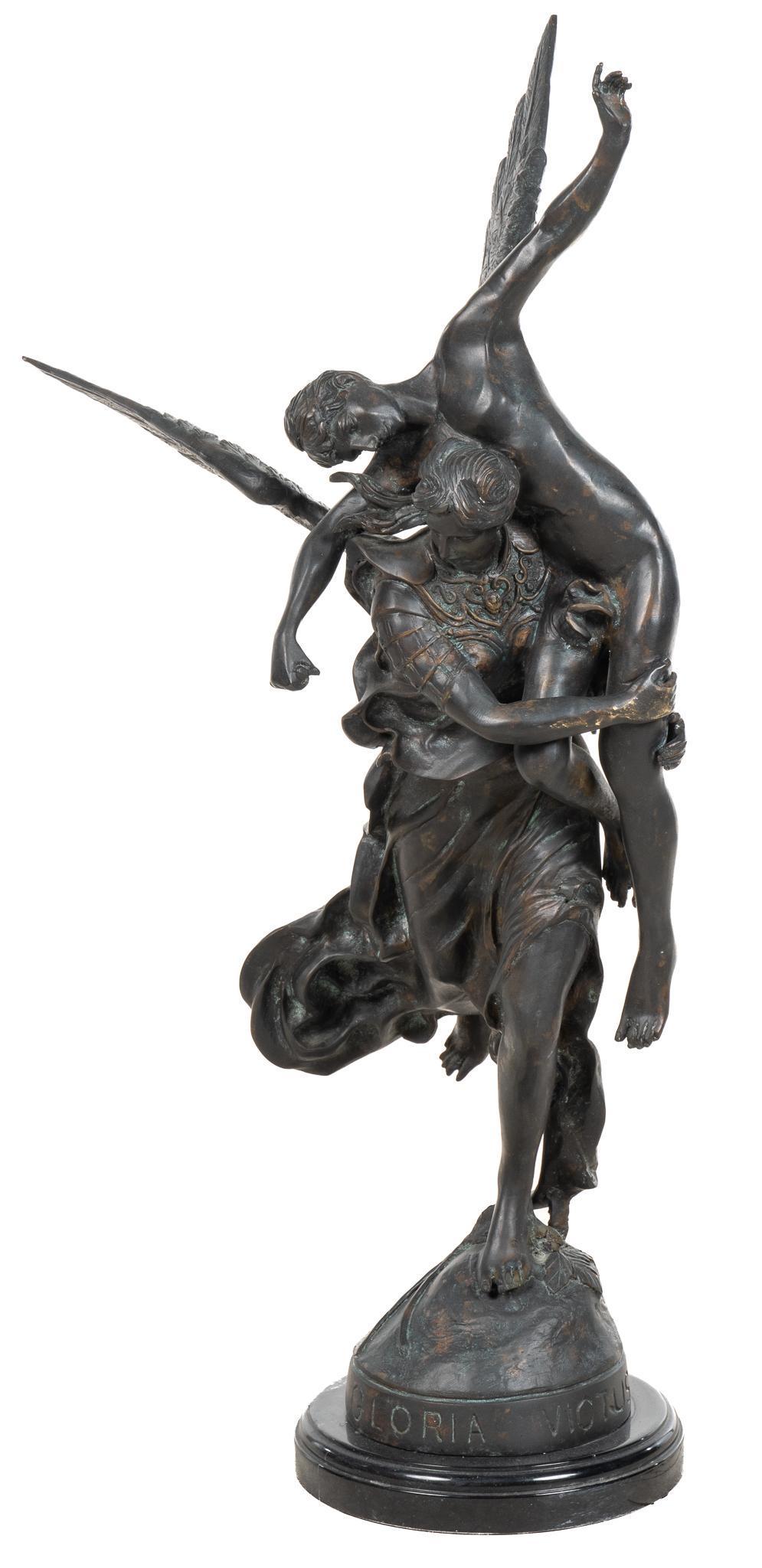 Maitland-Smith "Gloria Victus" Angel Bronze: Maitland-Smith "Gloria Victus" angel bronze holding a man, supported on a marble base, labeled on bottom height 37 in. x width 21 in. x depth 16 in. Provenance: The Estate of Ed Varela, McAl